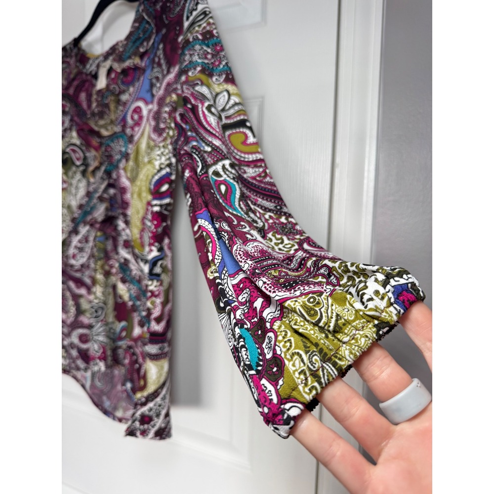 Chico's Sublime Paisley Ruffle V-Neck Blouse Long‎ Sleeve Boho Top 0 Small - Picture 6 of 12